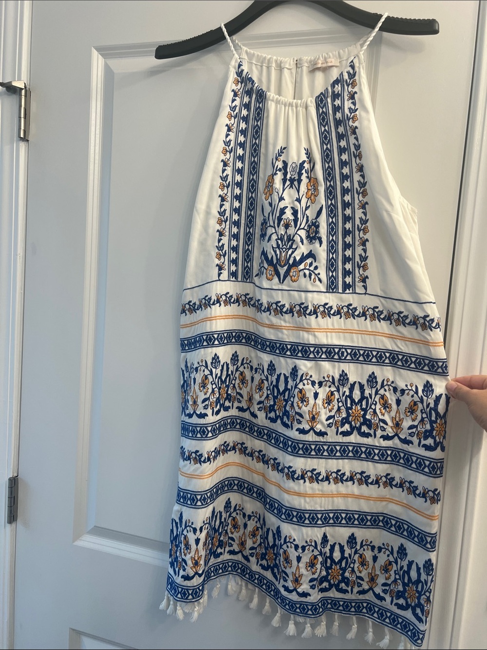 Skies Are Blue White Halter Dress with Blue and Yellow Floral Embroidery